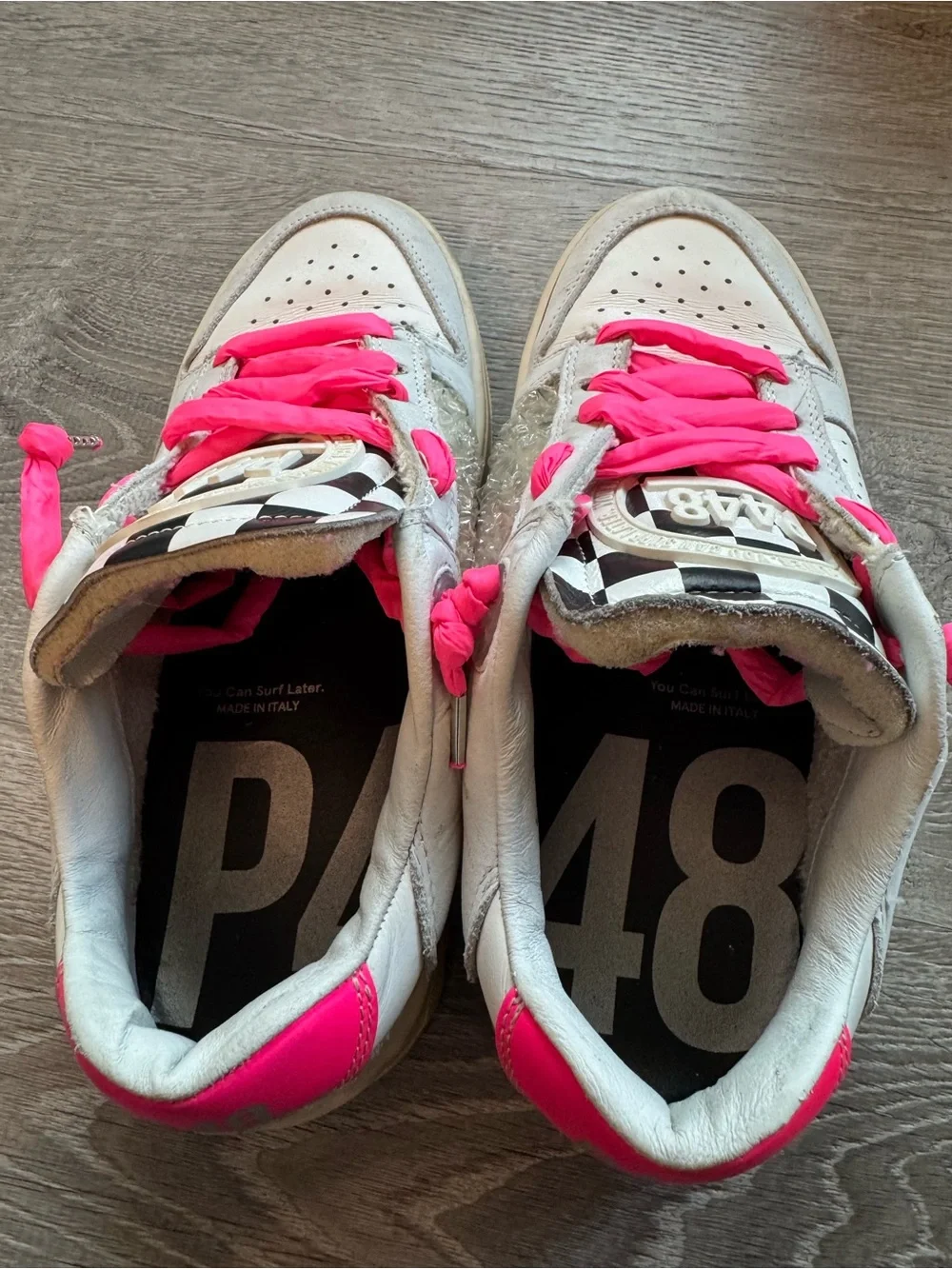 P448 Mason Sneaker White/Chess leather Puffy Pink Laces